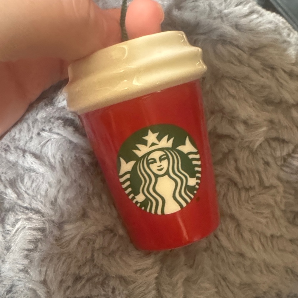 Starbucks Red Cup Ornament with Green Logo and Cream Lid